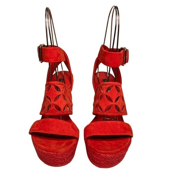 Louis Vuitton Ankle Wrap Espadrille Lasercut Logo Wedge Suede Sandals EU 37 US 7 - Picture 2 of 8